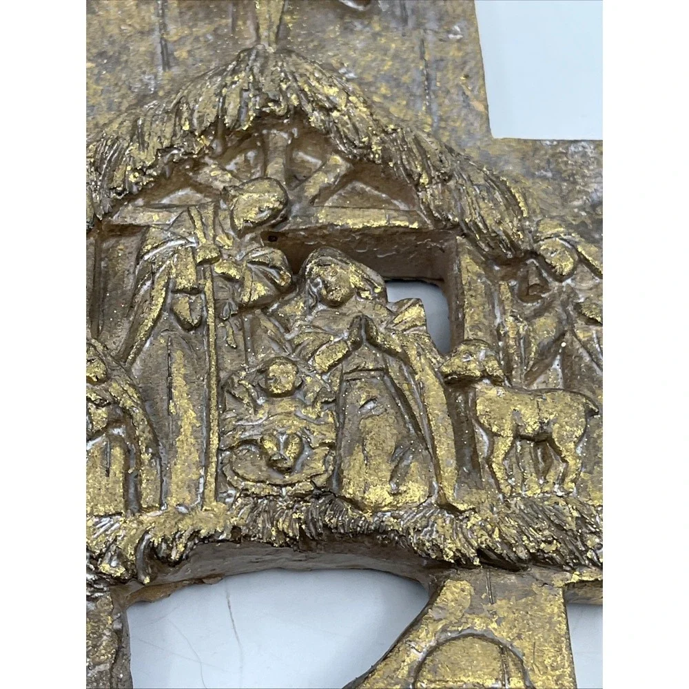 Christmas Nativity Scene Cross Sparkle Gold Tone Wall‎ Plaque Raz Imports 9